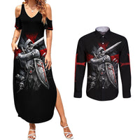 Skull Couples Matching Summer Maxi Dress and Long Sleeve Button Shirts Death Skull Crusader - Wonder Print Shop