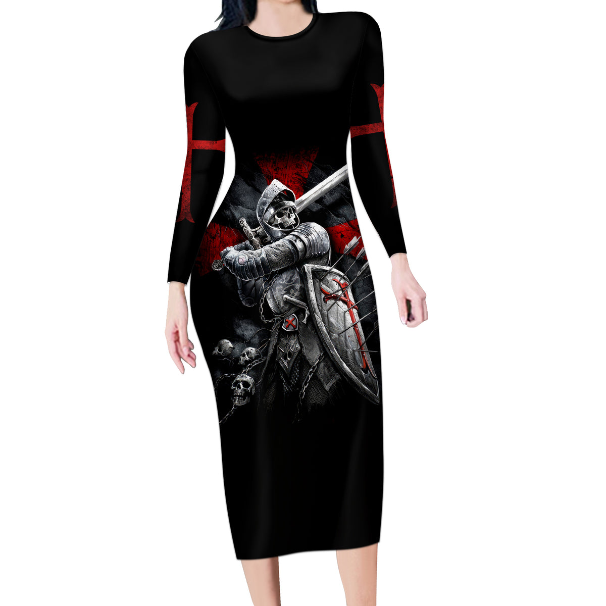 Skull Long Sleeve Bodycon Dress Death Skull Crusader - Wonder Print Shop