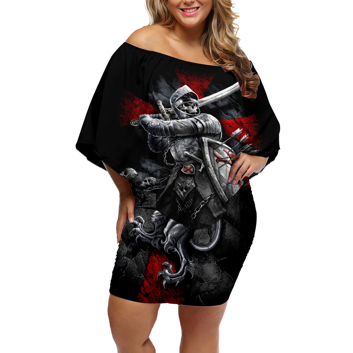 Skull Off Shoulder Short Dress Death Skull Crusader - Wonder Print Shop
