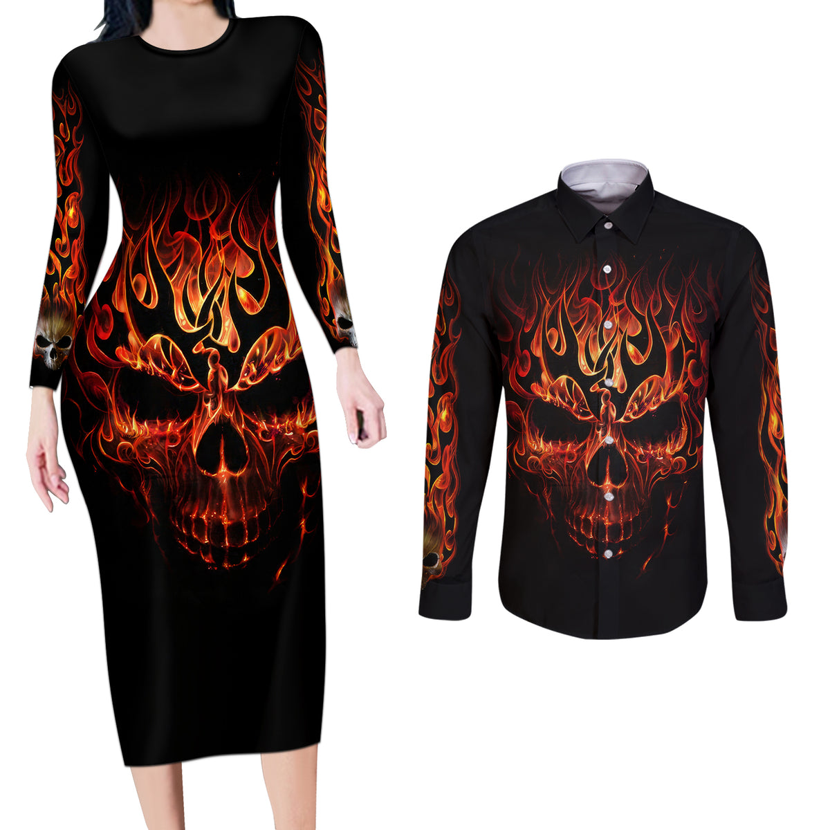 Skull Couples Matching Long Sleeve Bodycon Dress and Long Sleeve Button Shirts Fire Skull Tattoo Scream - Wonder Print Shop