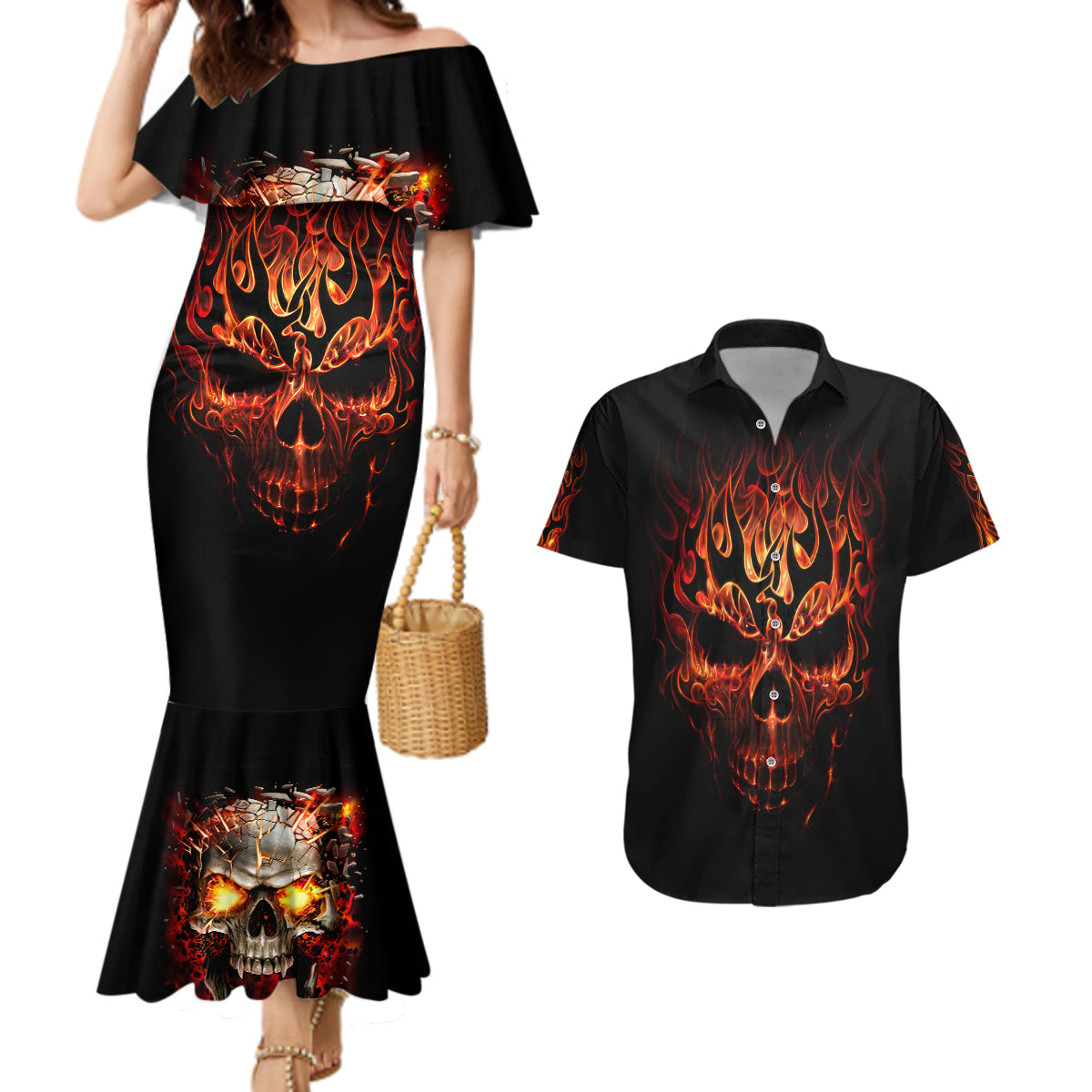 Skull Couples Matching Mermaid Dress And Hawaiian Shirt Fire Skull Tattoo Scream - Wonder Print Shop