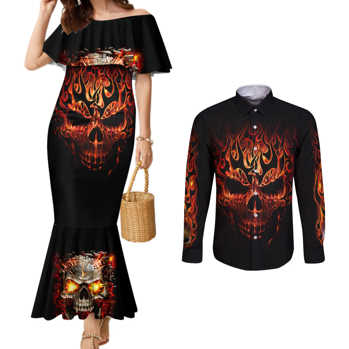 Skull Couples Matching Mermaid Dress and Long Sleeve Button Shirts Fire Skull Tattoo Scream DT01