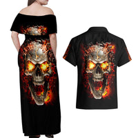 Skull Couples Matching Off Shoulder Maxi Dress and Hawaiian Shirt Fire Skull Tattoo Scream - Wonder Print Shop