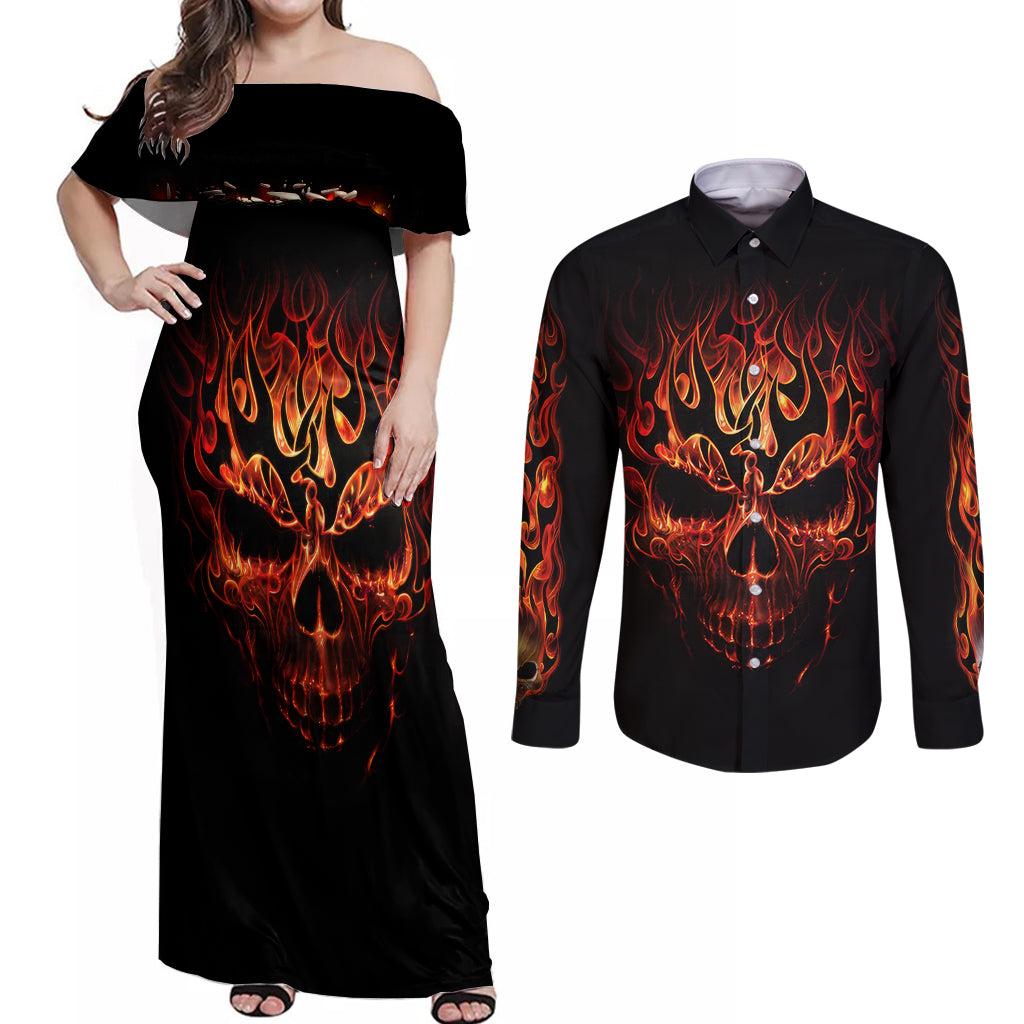 Skull Couples Matching Off Shoulder Maxi Dress and Long Sleeve Button Shirts Fire Skull Tattoo Scream - Wonder Print Shop