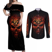 Skull Couples Matching Off Shoulder Maxi Dress and Long Sleeve Button Shirts Fire Skull Tattoo Scream - Wonder Print Shop
