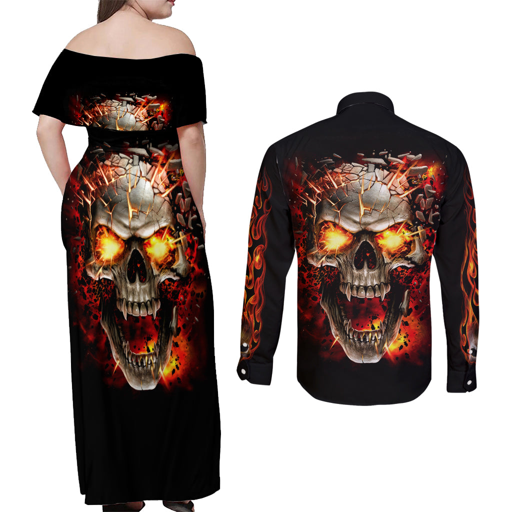 Skull Couples Matching Off Shoulder Maxi Dress and Long Sleeve Button Shirts Fire Skull Tattoo Scream - Wonder Print Shop