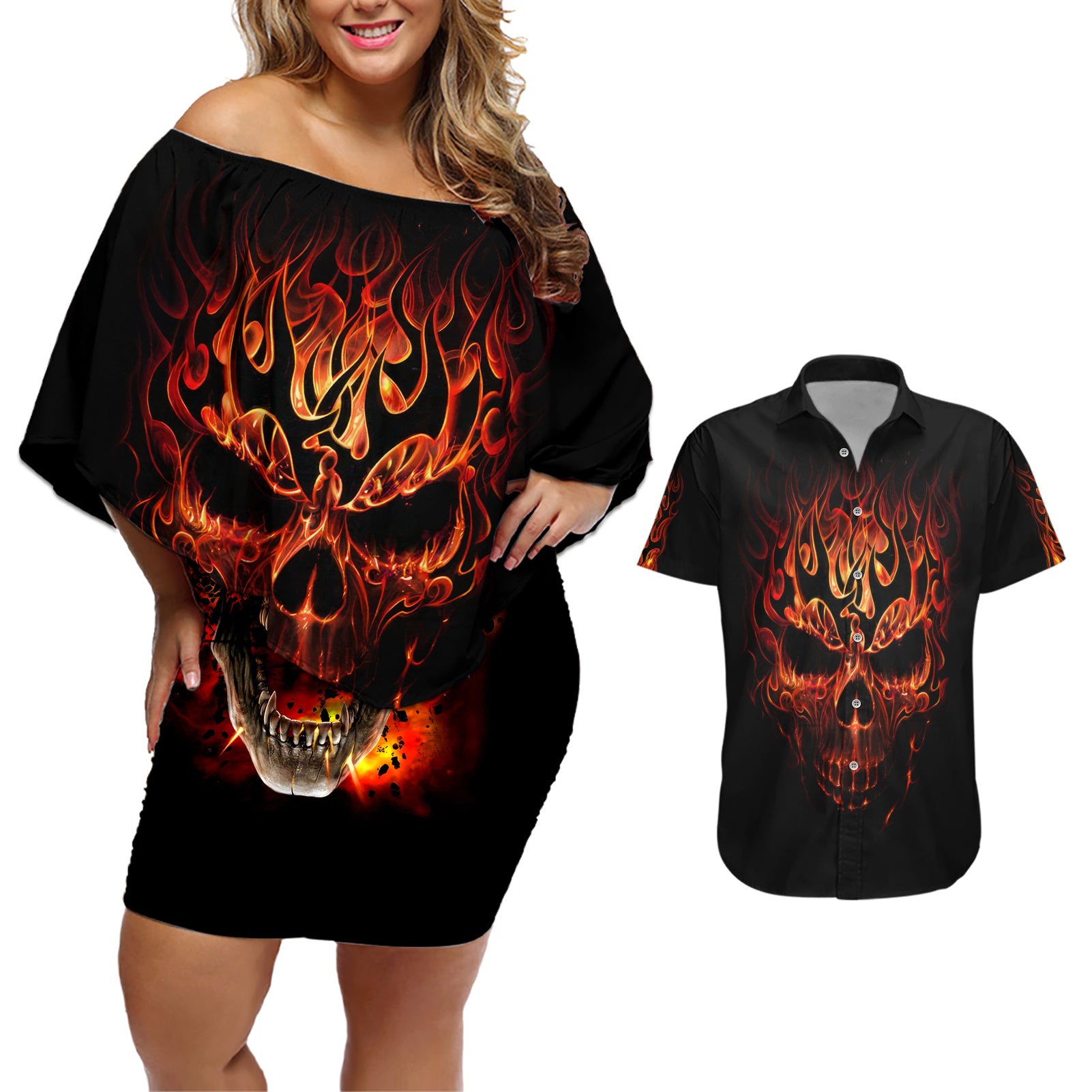 Skull Couples Matching Off Shoulder Short Dress and Hawaiian Shirt Fire Skull Tattoo Scream - Wonder Print Shop