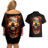 Skull Couples Matching Off Shoulder Short Dress and Hawaiian Shirt Fire Skull Tattoo Scream - Wonder Print Shop