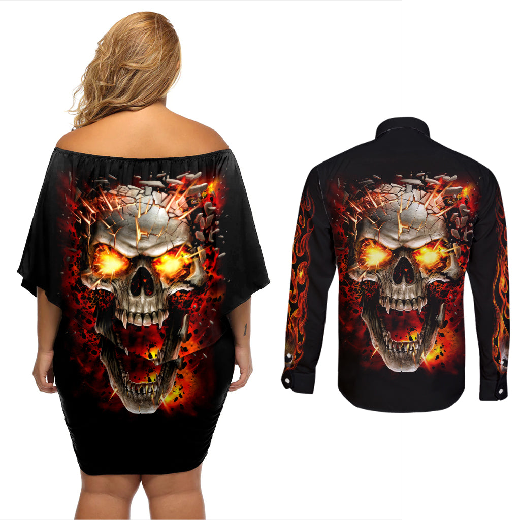 Skull Couples Matching Off Shoulder Short Dress and Long Sleeve Button Shirts Fire Skull Tattoo Scream - Wonder Print Shop