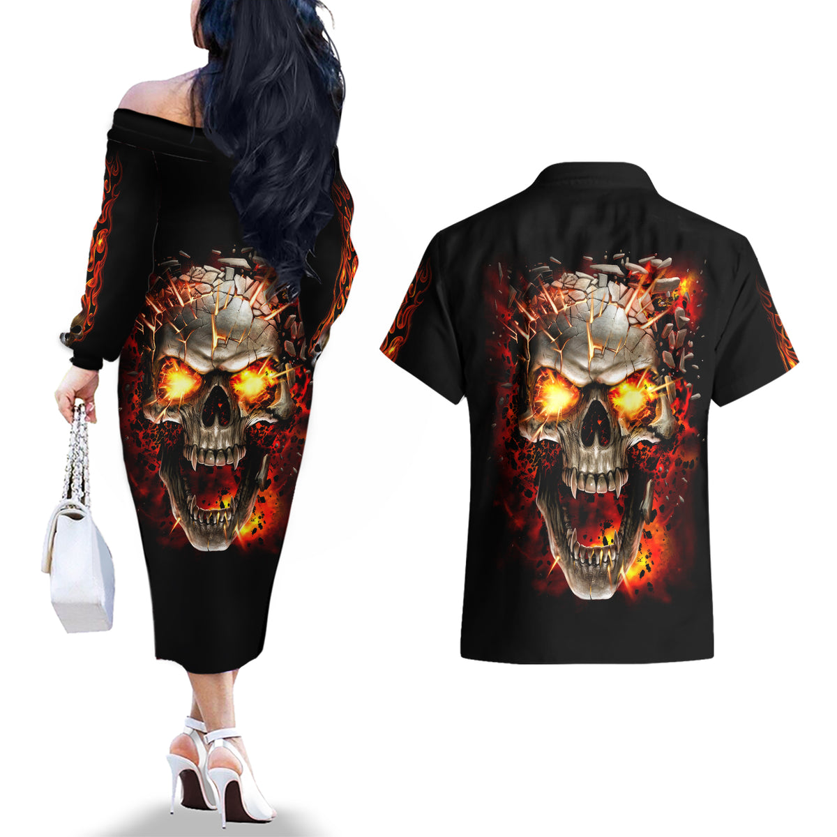 Skull Couples Matching Off The Shoulder Long Sleeve Dress and Hawaiian Shirt Fire Skull Tattoo Scream - Wonder Print Shop