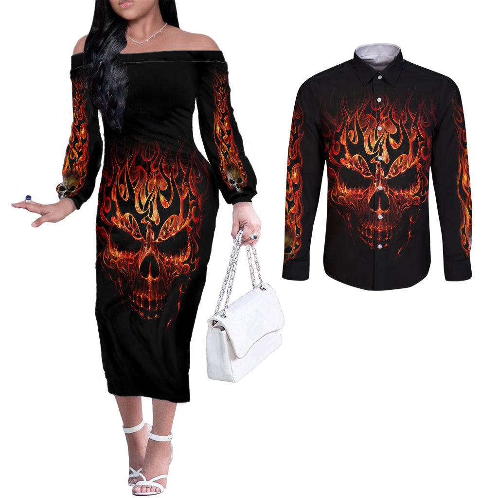 Skull Couples Matching Off The Shoulder Long Sleeve Dress and Long Sleeve Button Shirts Fire Skull Tattoo Scream DT01