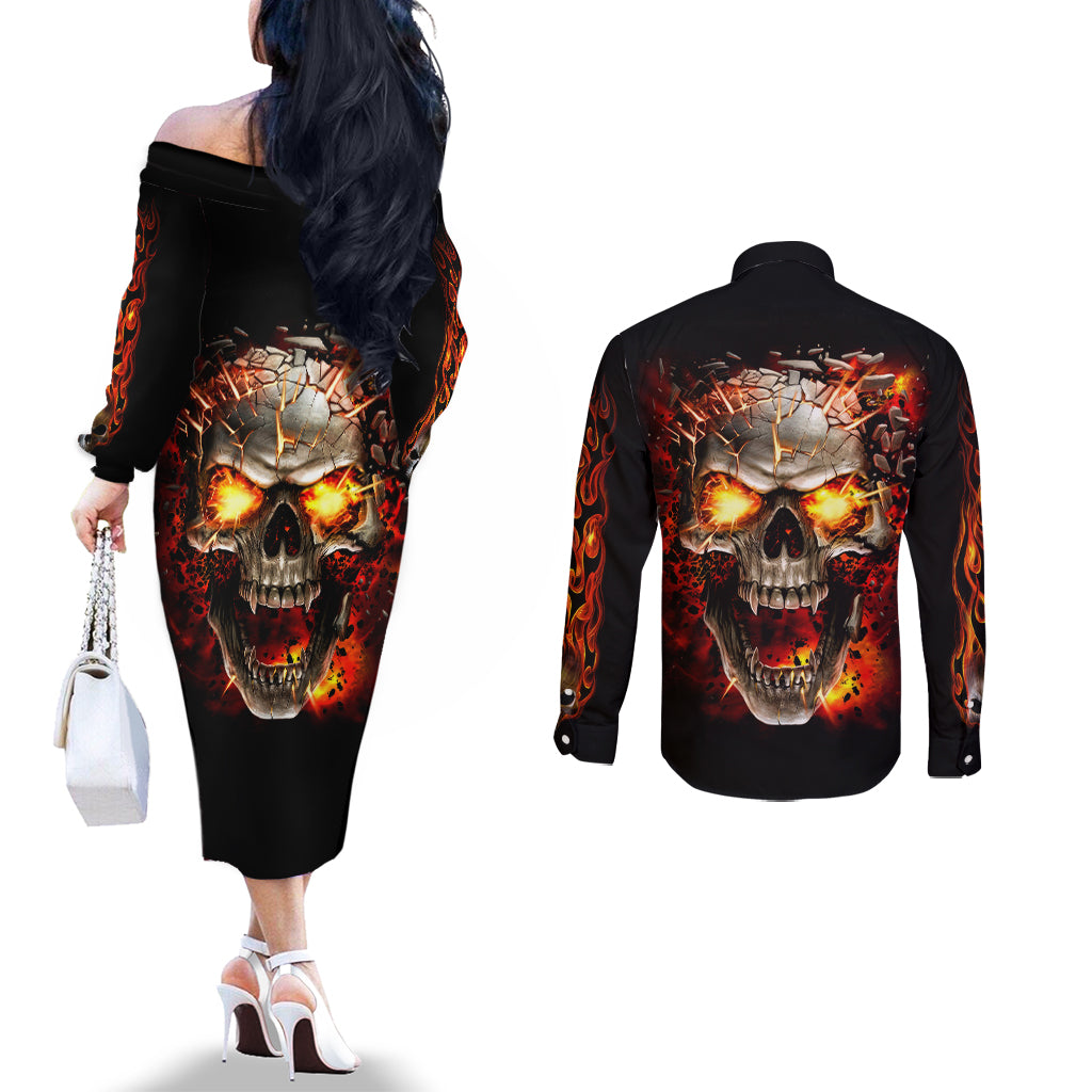 Skull Couples Matching Off The Shoulder Long Sleeve Dress and Long Sleeve Button Shirts Fire Skull Tattoo Scream DT01