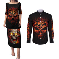 Skull Couples Matching Puletasi Dress and Long Sleeve Button Shirts Fire Skull Tattoo Scream - Wonder Print Shop