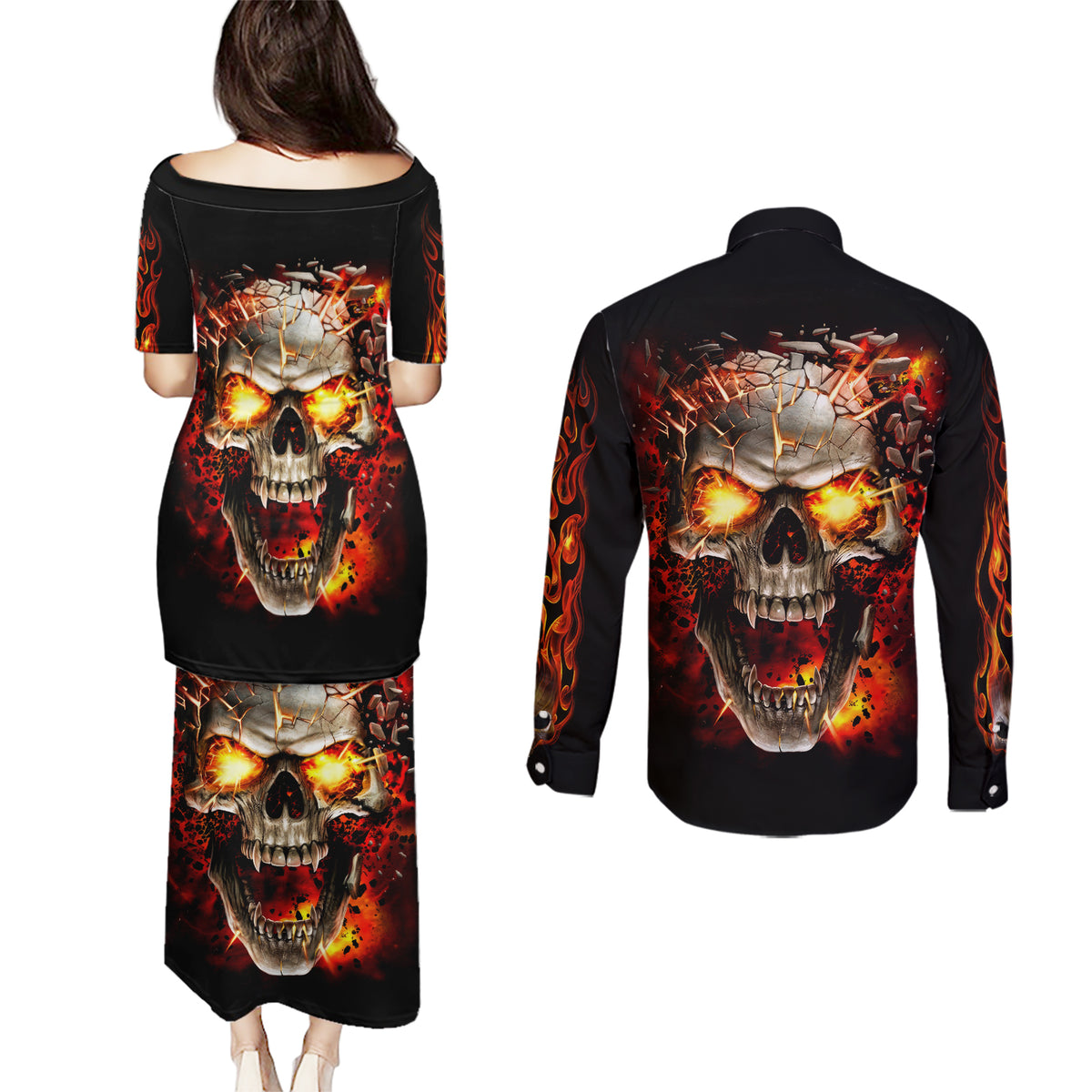 Skull Couples Matching Puletasi Dress and Long Sleeve Button Shirts Fire Skull Tattoo Scream - Wonder Print Shop