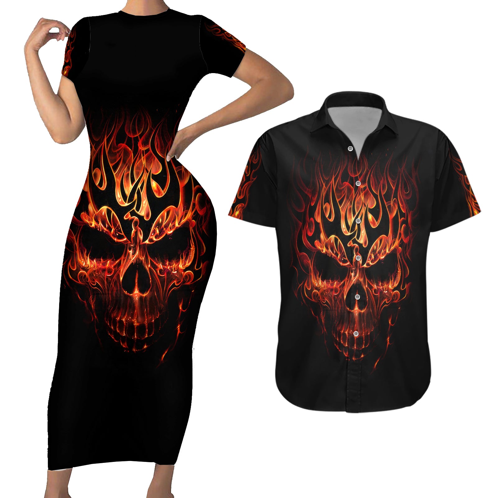 Skull Couples Matching Short Sleeve Bodycon Dress and Hawaiian Shirt Fire Skull Tattoo Scream - Wonder Print Shop