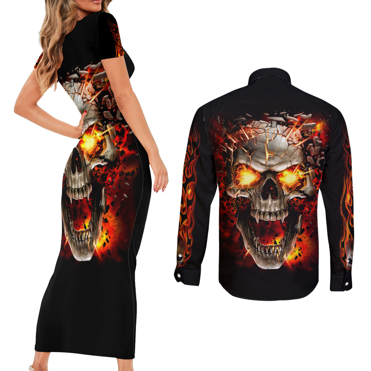 Skull Couples Matching Short Sleeve Bodycon Dress and Long Sleeve Button Shirts Fire Skull Tattoo Scream - Wonder Print Shop