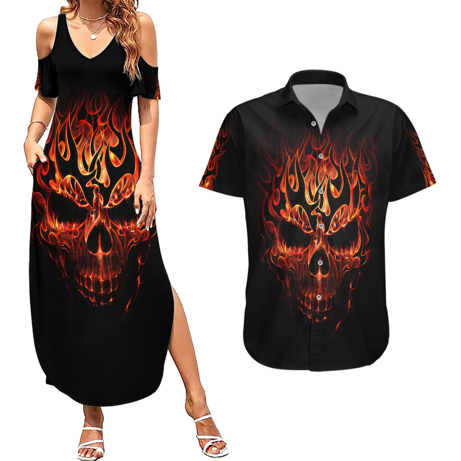 Skull Couples Matching Summer Maxi Dress and Hawaiian Shirt Fire Skull Tattoo Scream - Wonder Print Shop