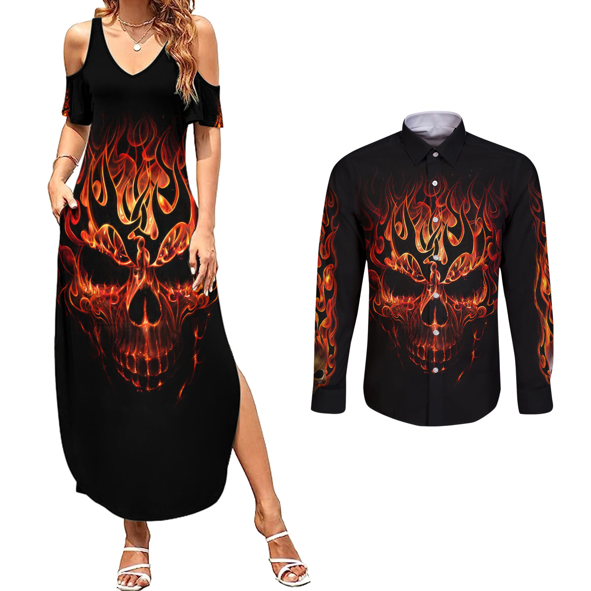 Skull Couples Matching Summer Maxi Dress and Long Sleeve Button Shirts Fire Skull Tattoo Scream - Wonder Print Shop