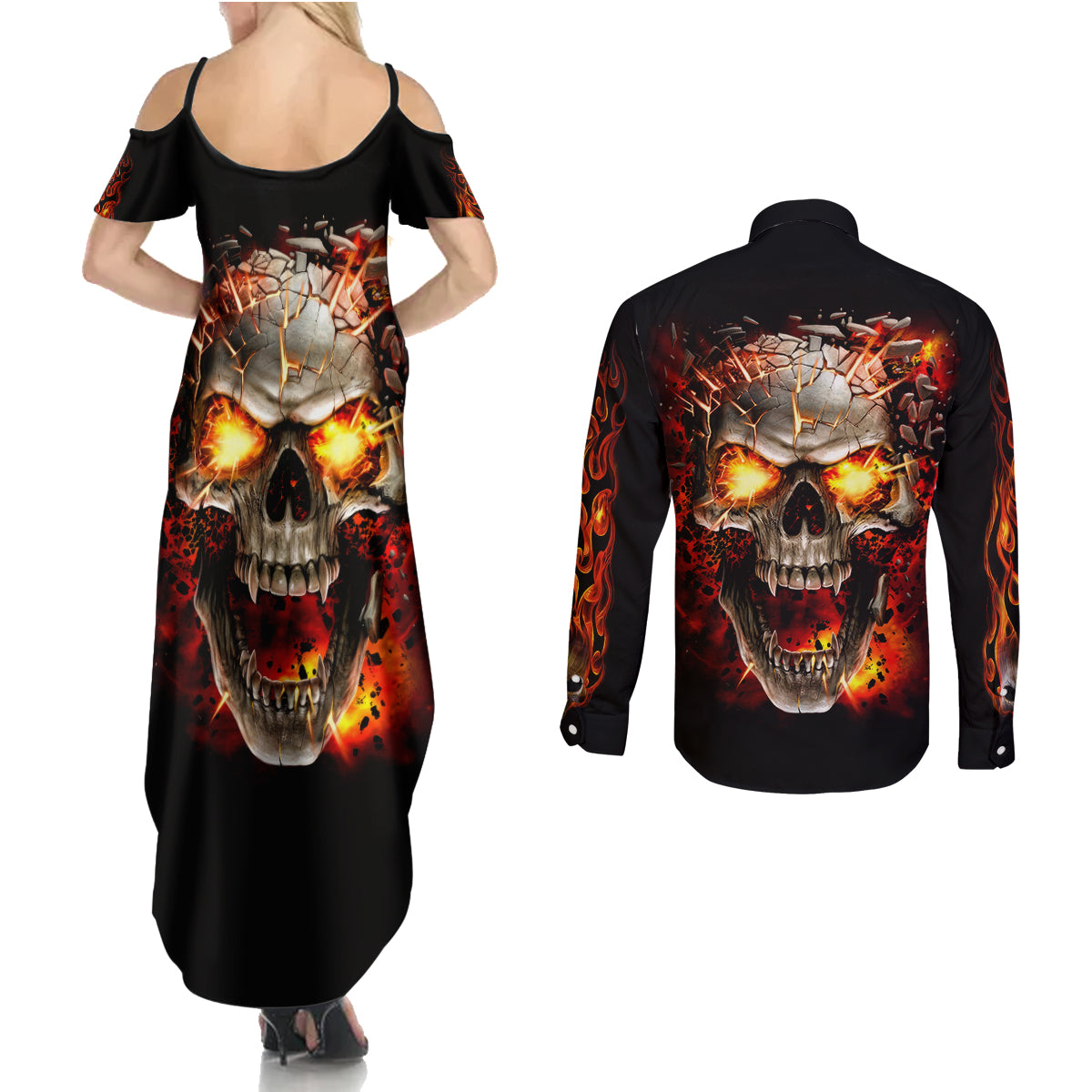 Skull Couples Matching Summer Maxi Dress and Long Sleeve Button Shirts Fire Skull Tattoo Scream - Wonder Print Shop