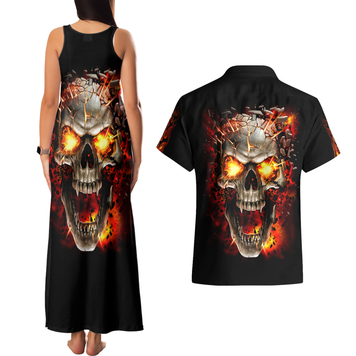 Skull Couples Matching Tank Maxi Dress And Hawaiian Shirt Fire Skull Tattoo Scream - Wonder Print Shop