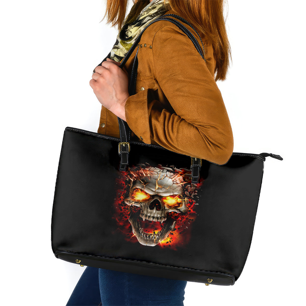 Skull Leather Tote Bag Fire Skull Tattoo Scream - Wonder Print Shop