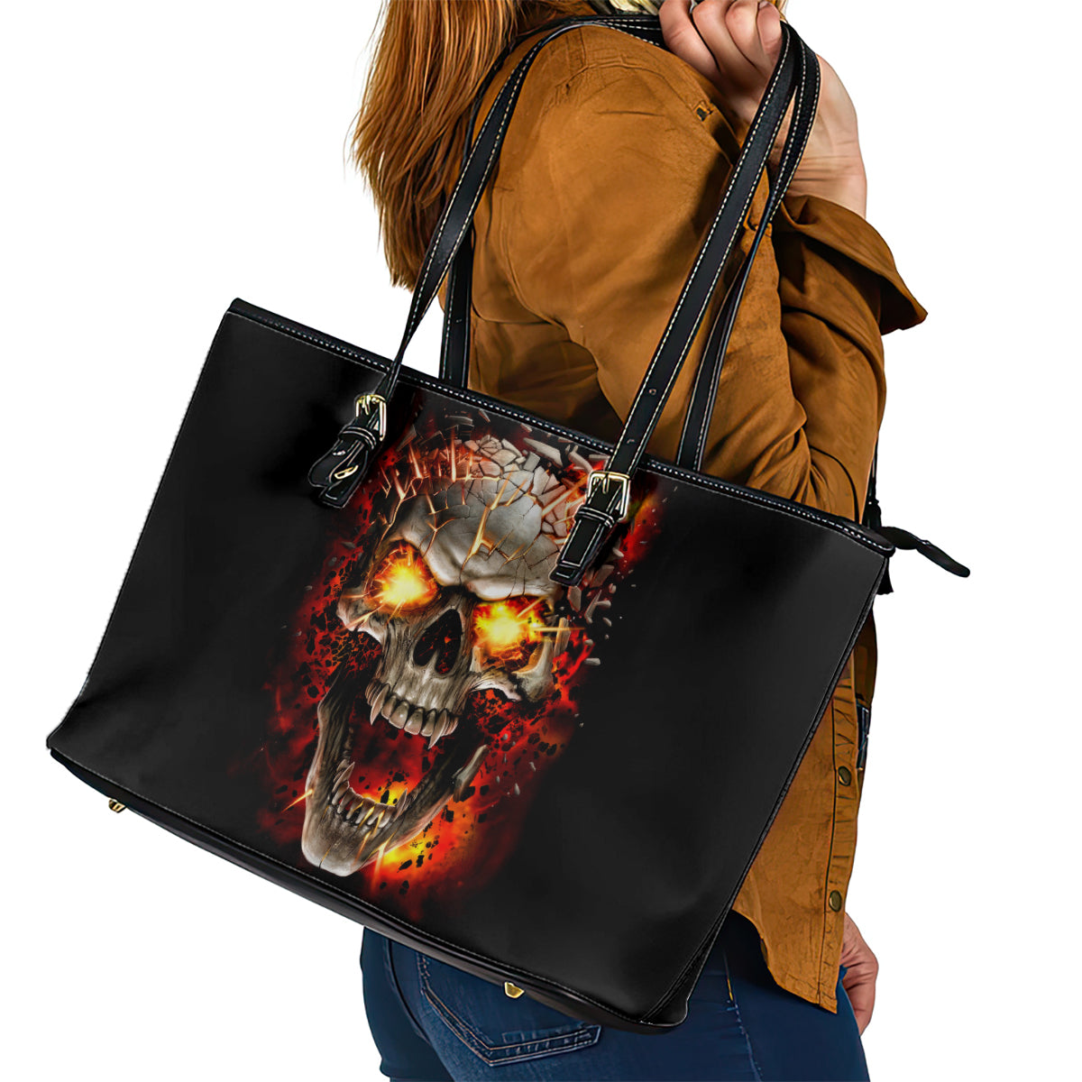 Skull Leather Tote Bag Fire Skull Tattoo Scream - Wonder Print Shop