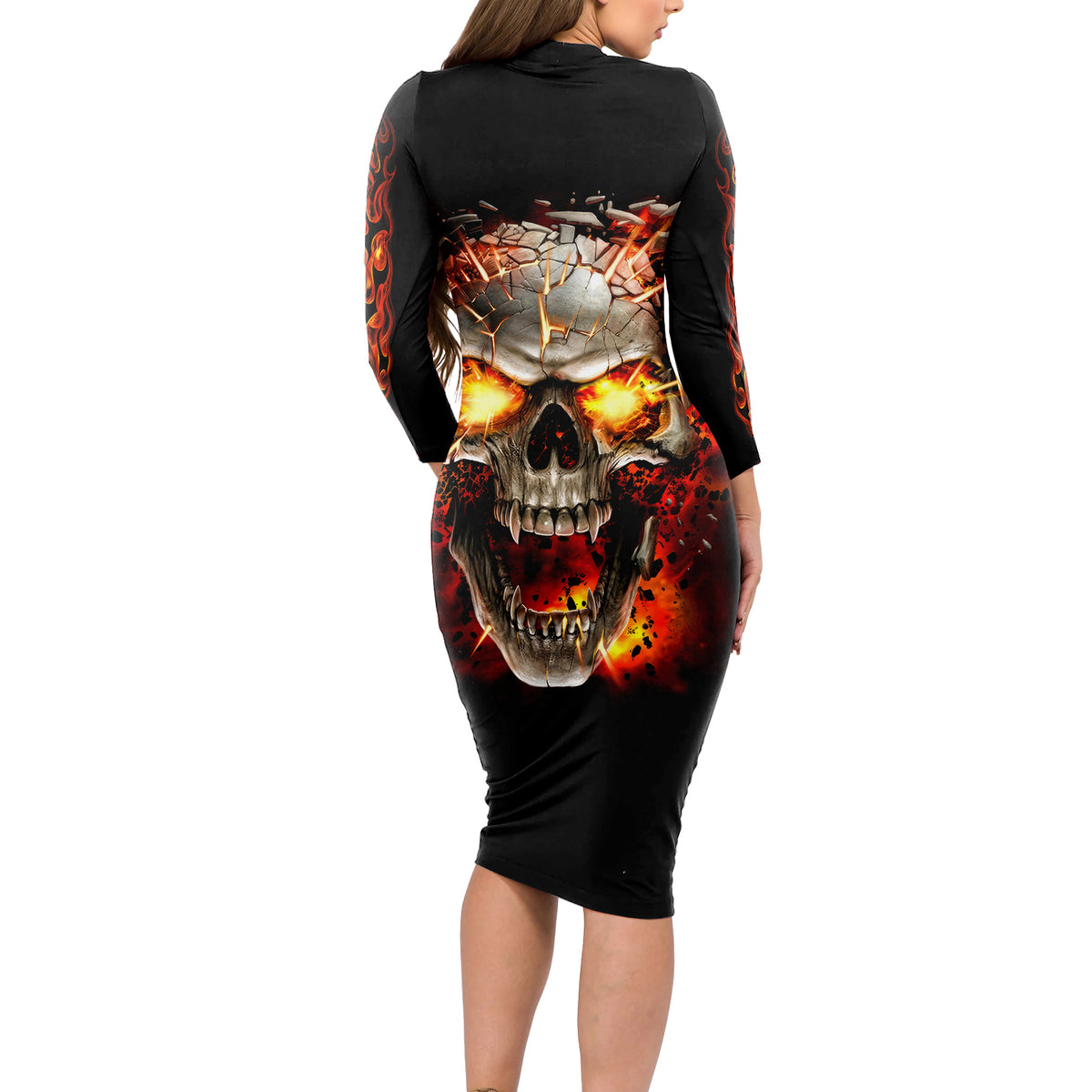 Skull Long Sleeve Bodycon Dress Fire Skull Tattoo Scream - Wonder Print Shop