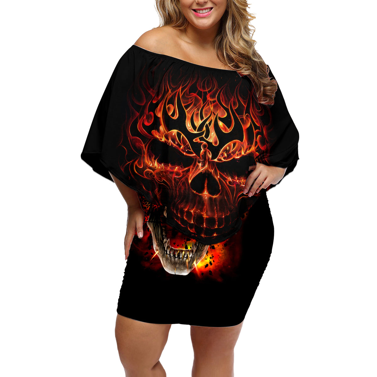 Skull Off Shoulder Short Dress Fire Skull Tattoo Scream - Wonder Print Shop