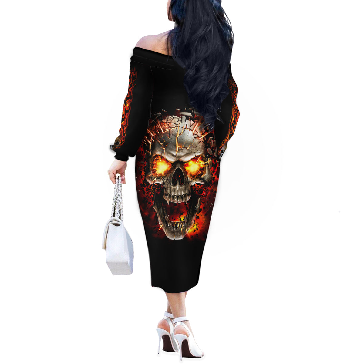 Skull Off The Shoulder Long Sleeve Dress Fire Skull Tattoo Scream - Wonder Print Shop