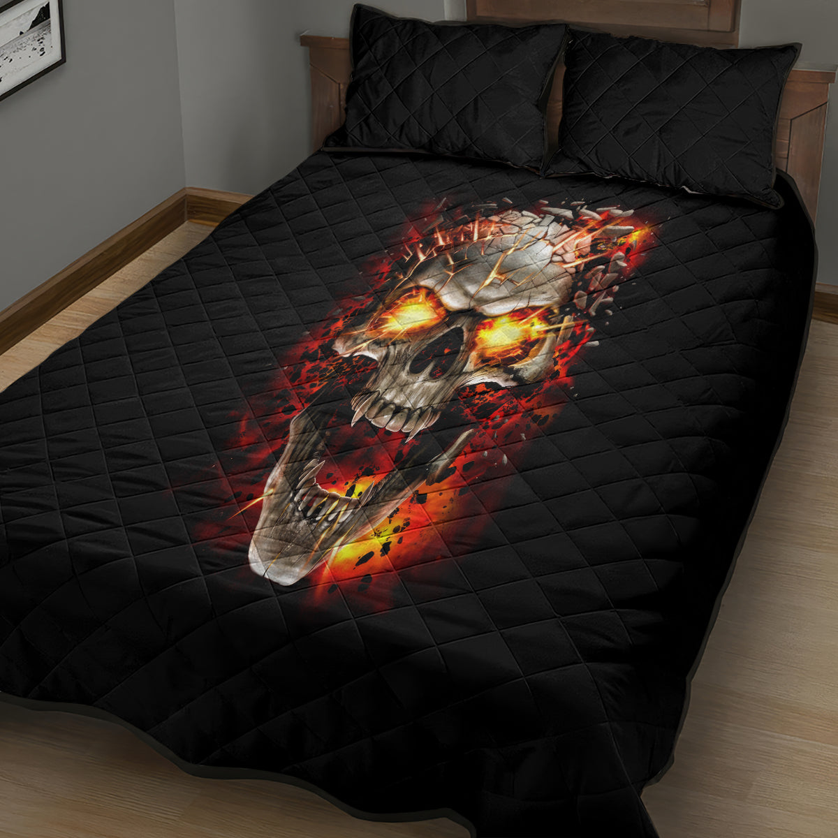 Skull Quilt Bed Set Fire Skull Tattoo Scream - Wonder Print Shop