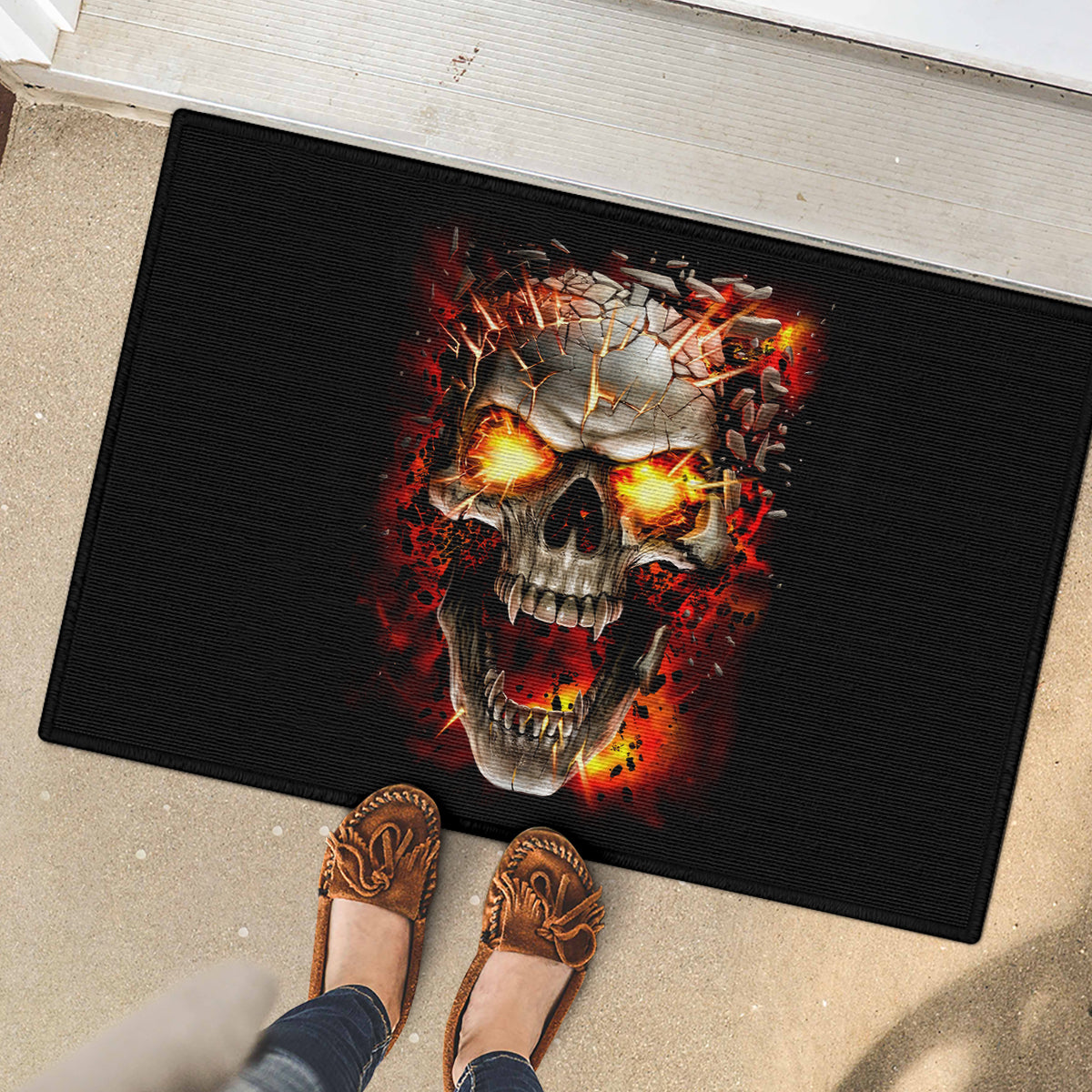 Skull Rubber Doormat Fire Skull Tattoo Scream - Wonder Print Shop