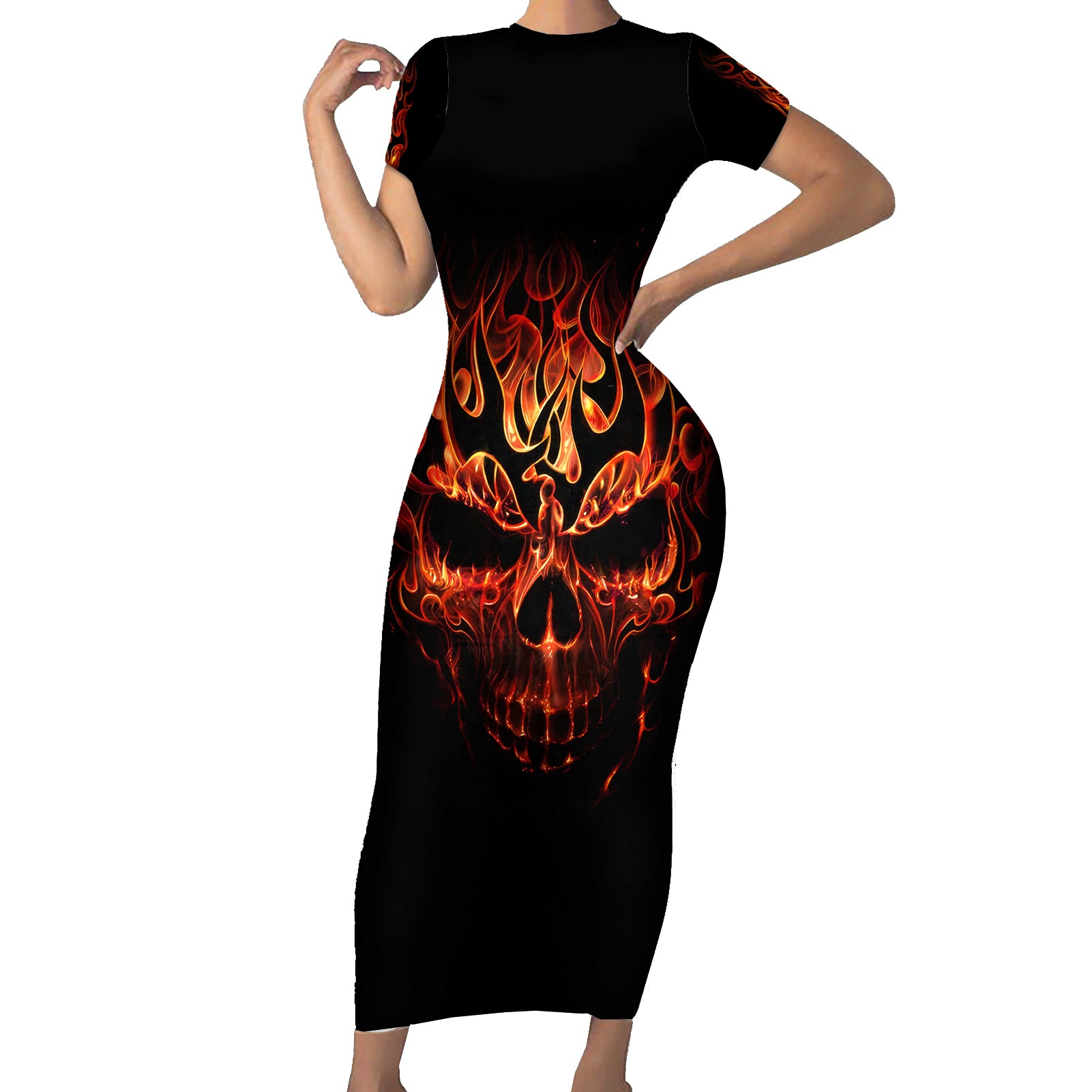 Skull Short Sleeve Bodycon Dress Fire Skull Tattoo Scream - Wonder Print Shop
