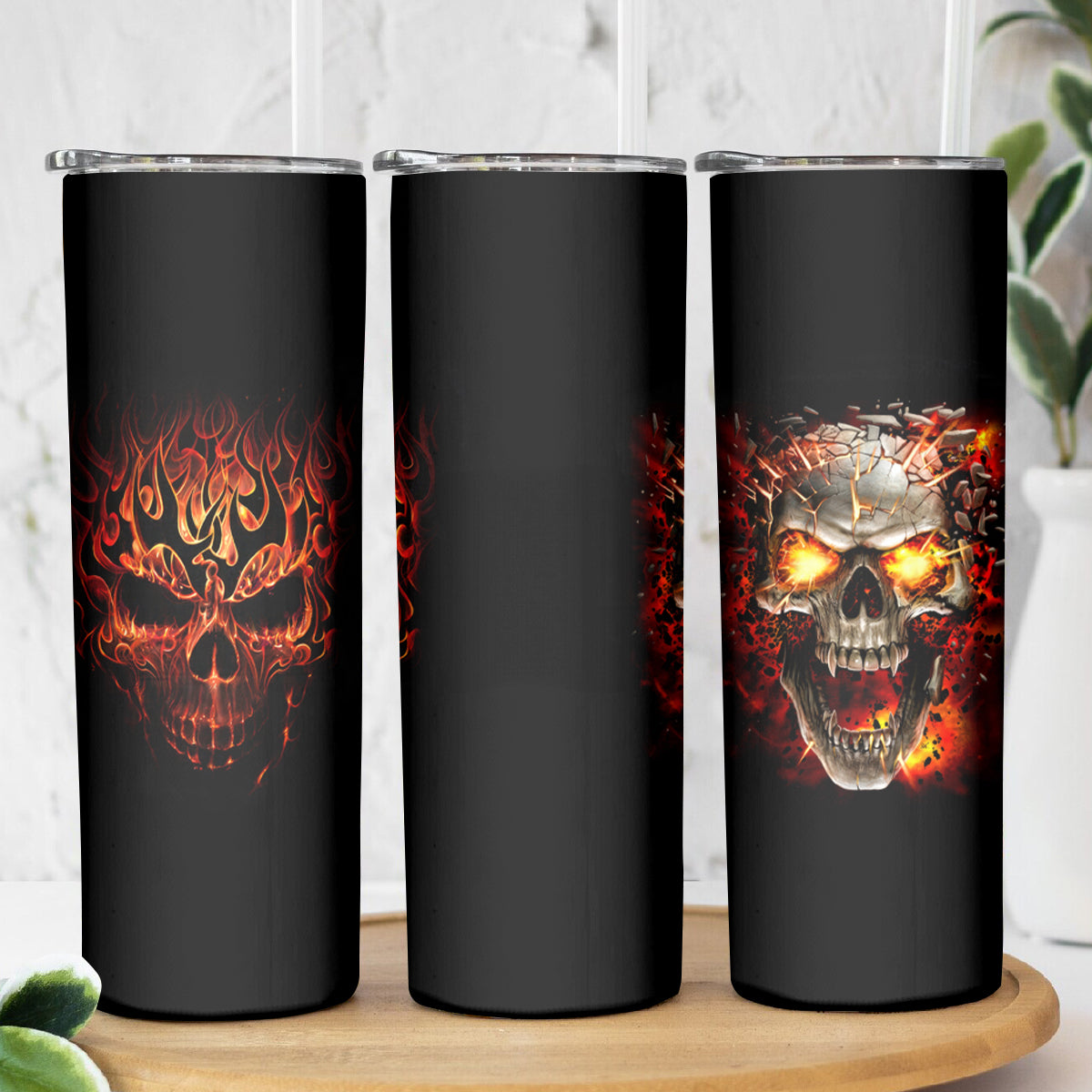 Skull Skinny Tumbler Fire Skull Tattoo Scream - Wonder Print Shop