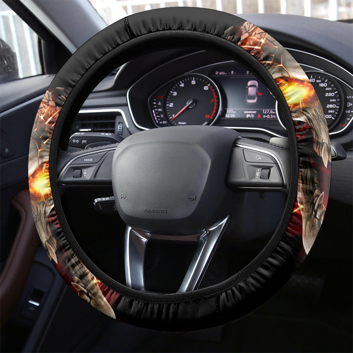 Skull Steering Wheel Cover Fire Skull Tattoo Scream - Wonder Print Shop
