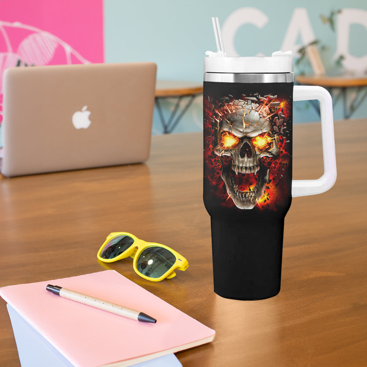 Skull Tumbler With Handle Fire Skull Tattoo Scream - Wonder Print Shop
