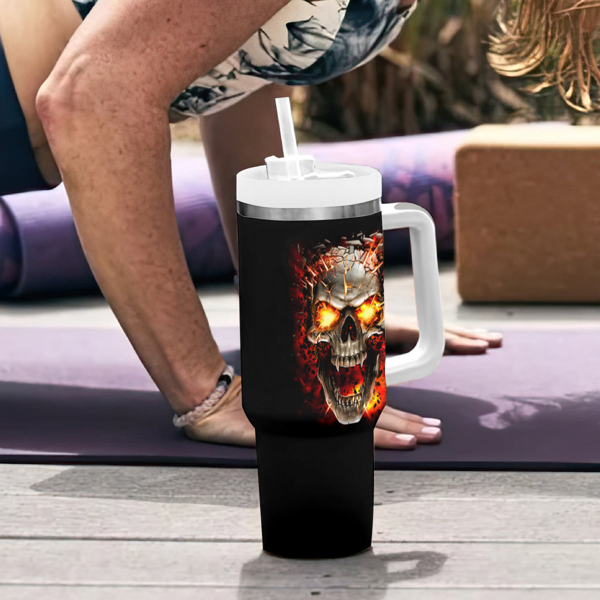 Skull Tumbler With Handle Fire Skull Tattoo Scream - Wonder Print Shop