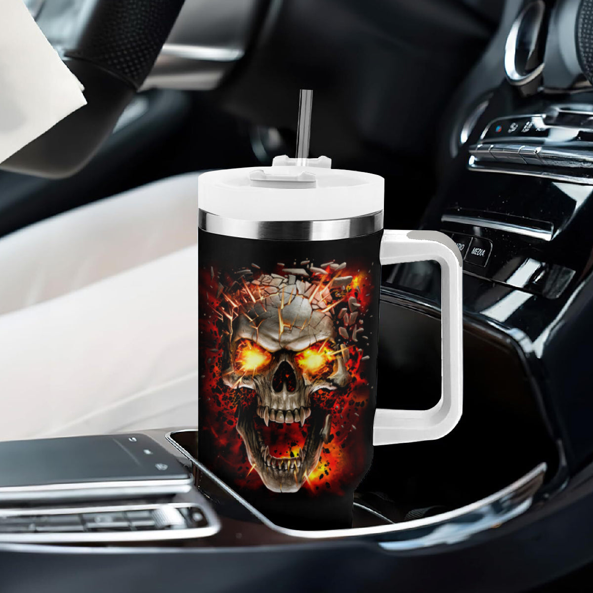 Skull Tumbler With Handle Fire Skull Tattoo Scream - Wonder Print Shop
