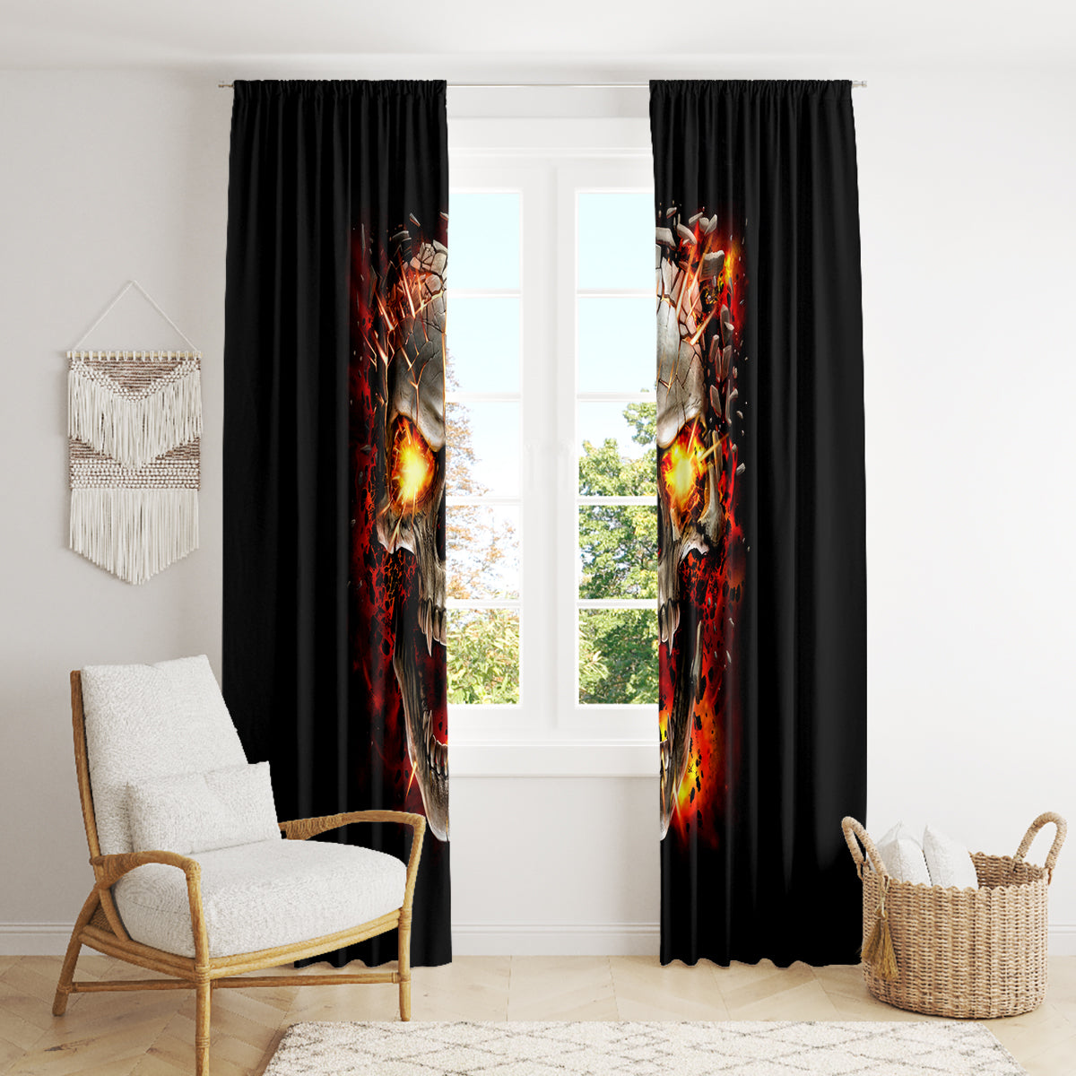 Skull Window Curtain Fire Skull Tattoo Scream - Wonder Print Shop
