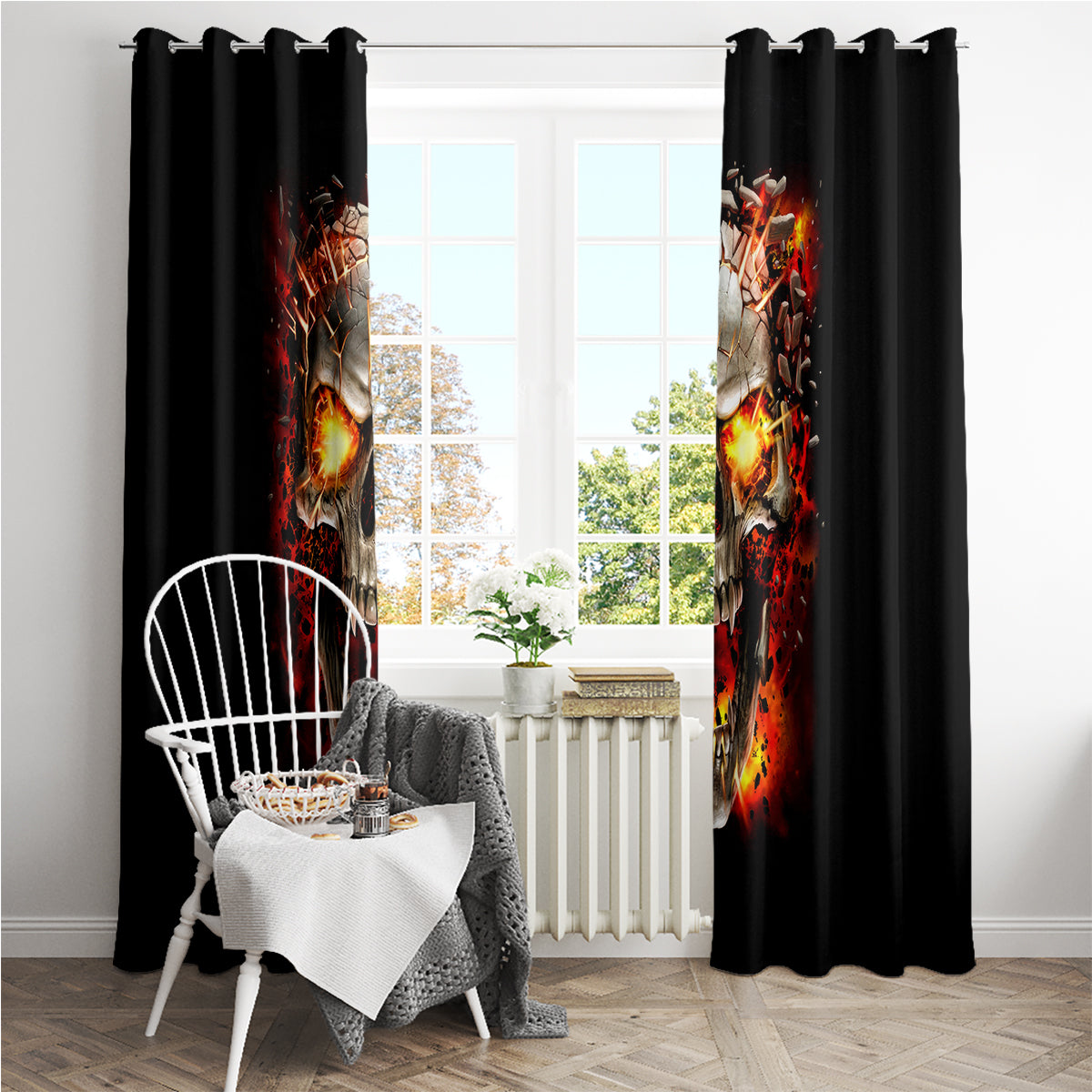 Skull Window Curtain Fire Skull Tattoo Scream - Wonder Print Shop