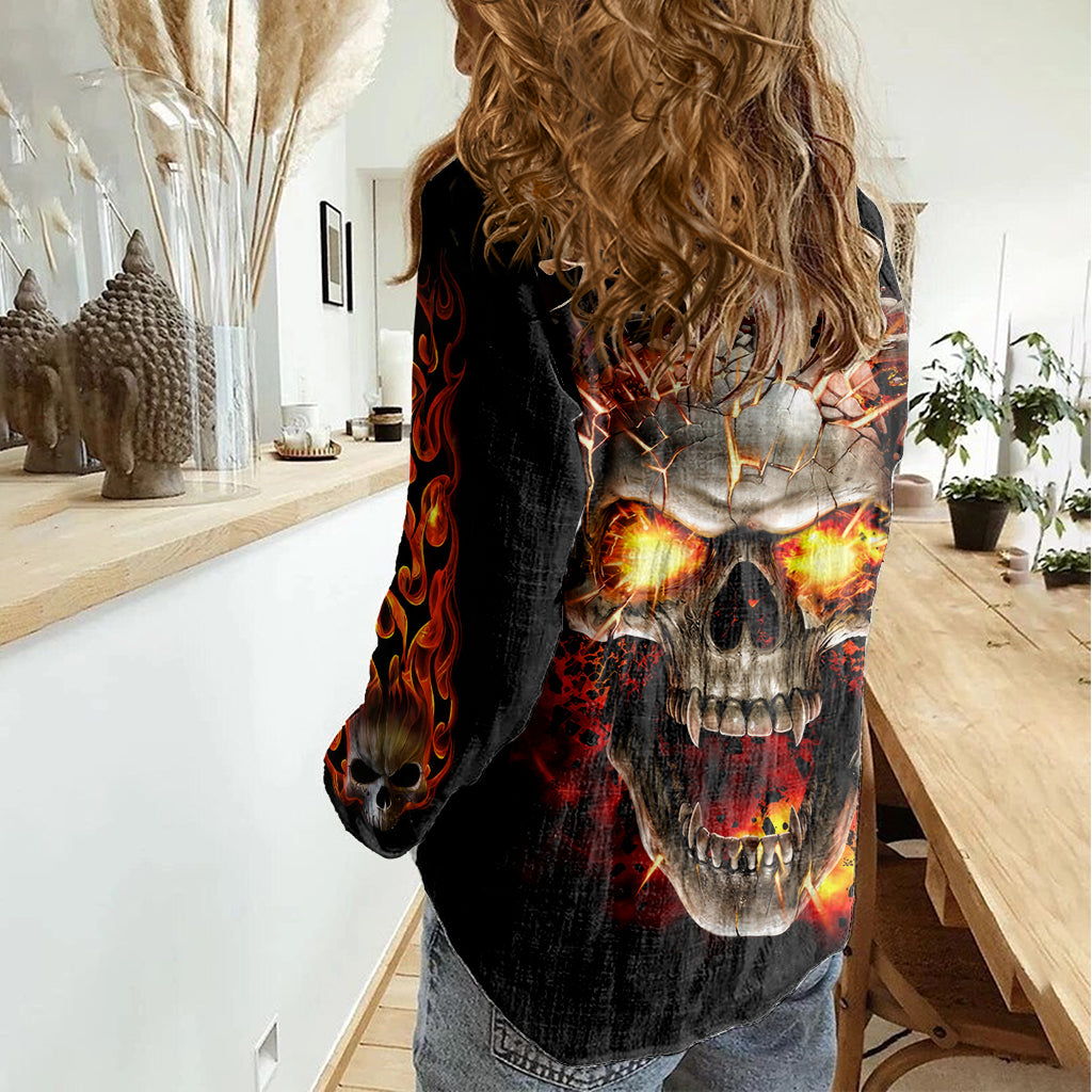Skull Women Casual Shirt Fire Skull Tattoo Scream - Wonder Print Shop