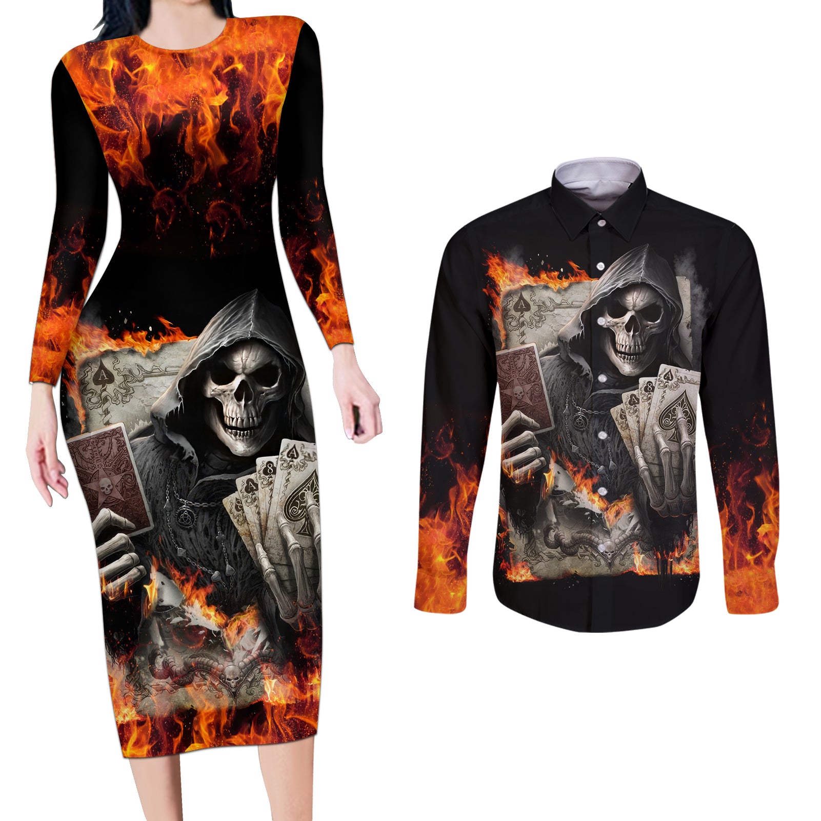 Skull Couples Matching Long Sleeve Bodycon Dress and Long Sleeve Button Shirts Gambling Death Fire - Wonder Print Shop