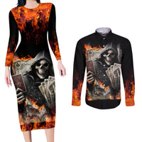Skull Couples Matching Long Sleeve Bodycon Dress and Long Sleeve Button Shirts Gambling Death Fire - Wonder Print Shop