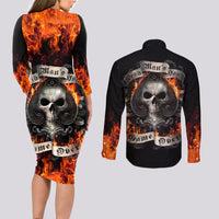 Skull Couples Matching Long Sleeve Bodycon Dress and Long Sleeve Button Shirts Gambling Death Fire - Wonder Print Shop