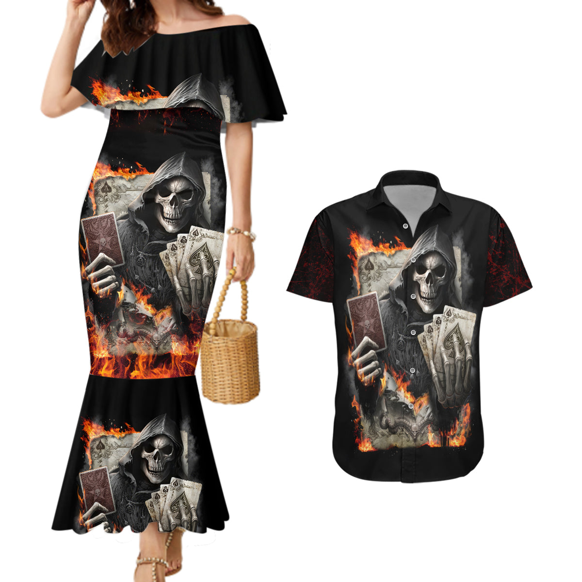 Skull Couples Matching Mermaid Dress And Hawaiian Shirt Gambling Death Fire - Wonder Print Shop