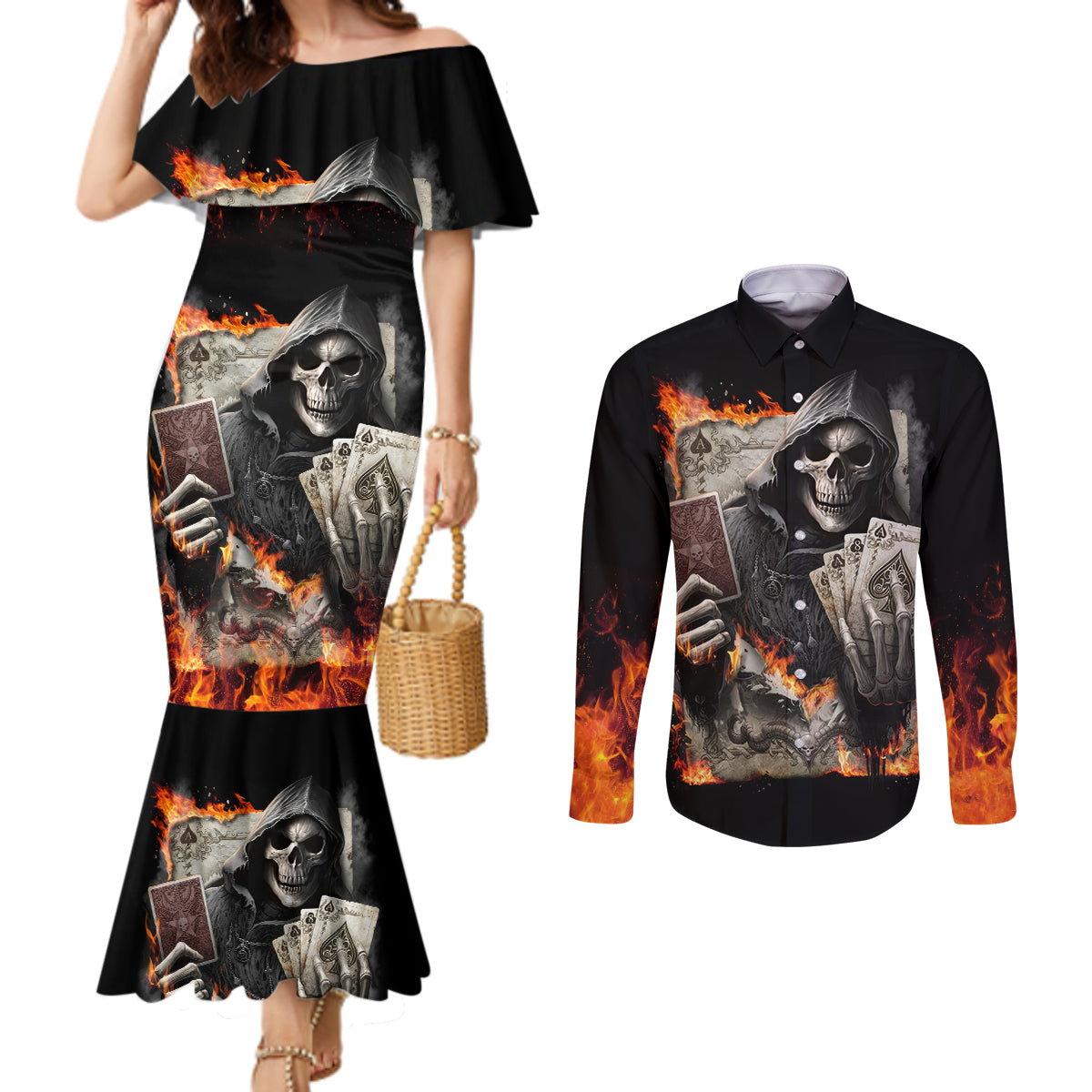 Skull Couples Matching Mermaid Dress and Long Sleeve Button Shirts Gambling Death Fire DT01