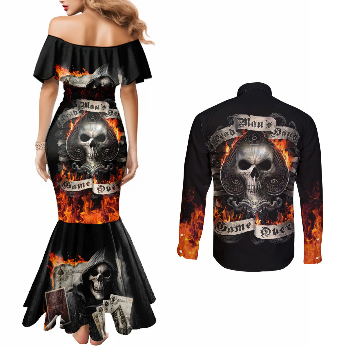 Skull Couples Matching Mermaid Dress and Long Sleeve Button Shirts Gambling Death Fire DT01