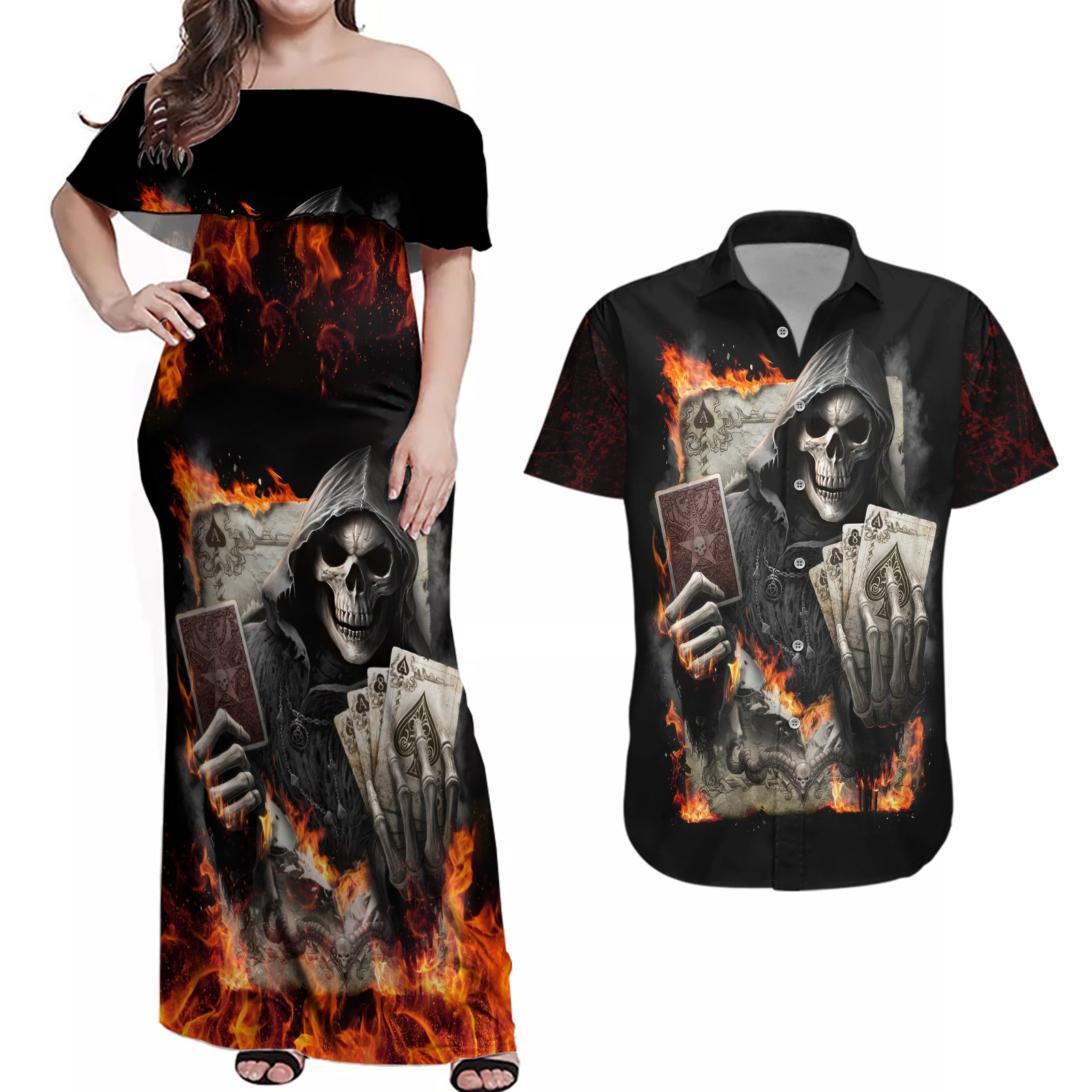 Skull Couples Matching Off Shoulder Maxi Dress and Hawaiian Shirt Gambling Death Fire - Wonder Print Shop
