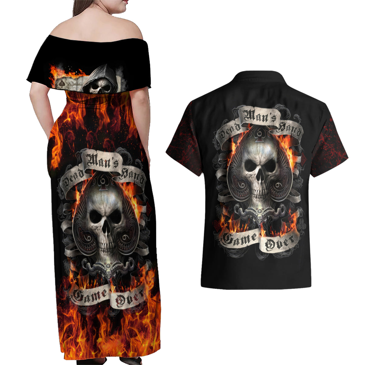Skull Couples Matching Off Shoulder Maxi Dress and Hawaiian Shirt Gambling Death Fire - Wonder Print Shop