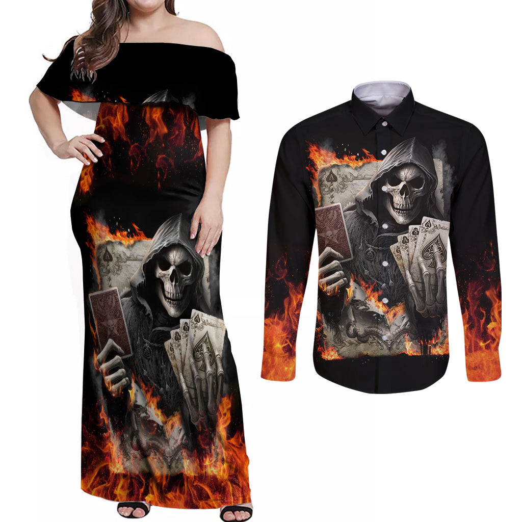 Skull Couples Matching Off Shoulder Maxi Dress and Long Sleeve Button Shirts Gambling Death Fire - Wonder Print Shop