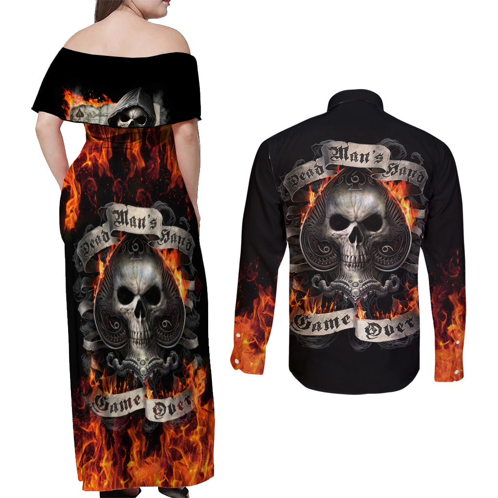 Skull Couples Matching Off Shoulder Maxi Dress and Long Sleeve Button Shirts Gambling Death Fire - Wonder Print Shop